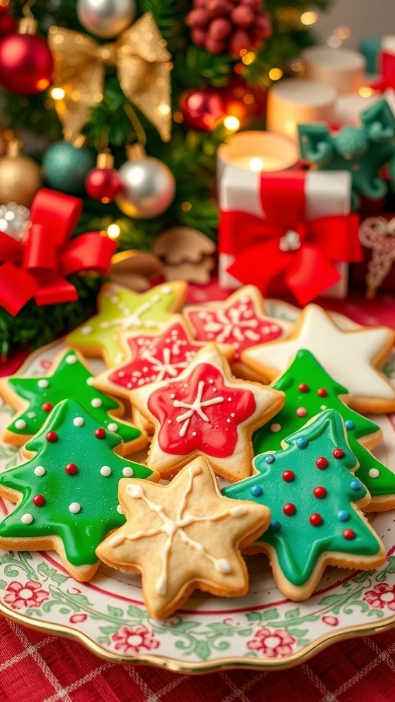 A variety of decorated Christmas cookies on a plate, surrounded by festive holiday decorations.